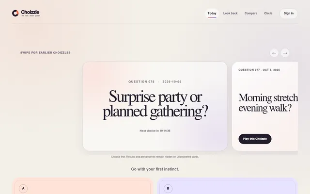 The Choizzle Today page: the card for Question 078 of 2026-10-06 asking Surprise party or planned gathering?, with a countdown to the next choice and the previous day's card beside it