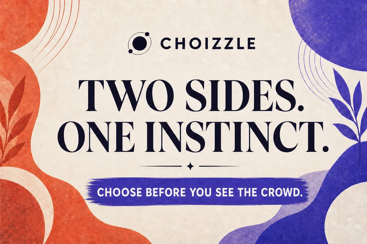Choizzle share art: the Choizzle name above the words Two sides. One instinct. and Choose before you see the crowd, between orange and purple shapes