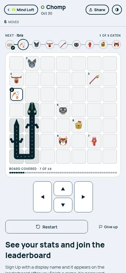 Chomp at phone size on 30 October 2026: the bulldog eaten, the ibis next, the board of nine mascots and the arrow pad below it