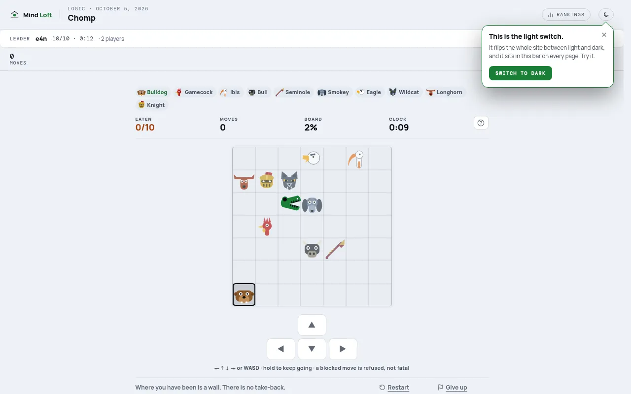 Chomp's daily 7 by 7 board: the gator and ten college mascots to eat in the order listed above, with the arrow pad below