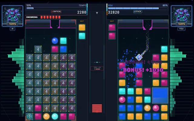 A ChonkBlocker match: two wells of coloured gems side by side, the left buried in grey numbered blocks, the right scoring a chain bonus of 1030, with robot fighters in the corners
