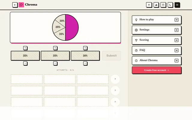 Chroma on Greatest Games on 18 October 2026: the day's magenta target colour beside a pie of three empty shades at 35, 35 and 30 percent, with plus and minus buttons and six empty attempt rows