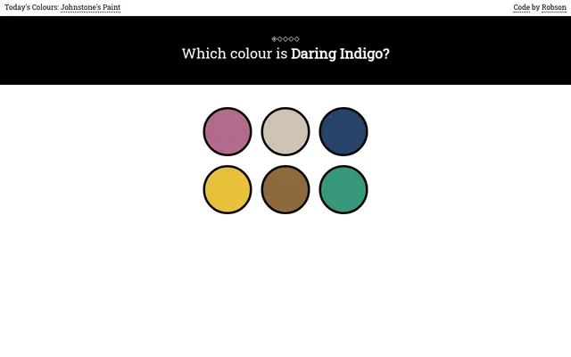 Chroma with today's colours from Johnstone's Paint: the question Which colour is Daring Indigo? above six round colour swatches
