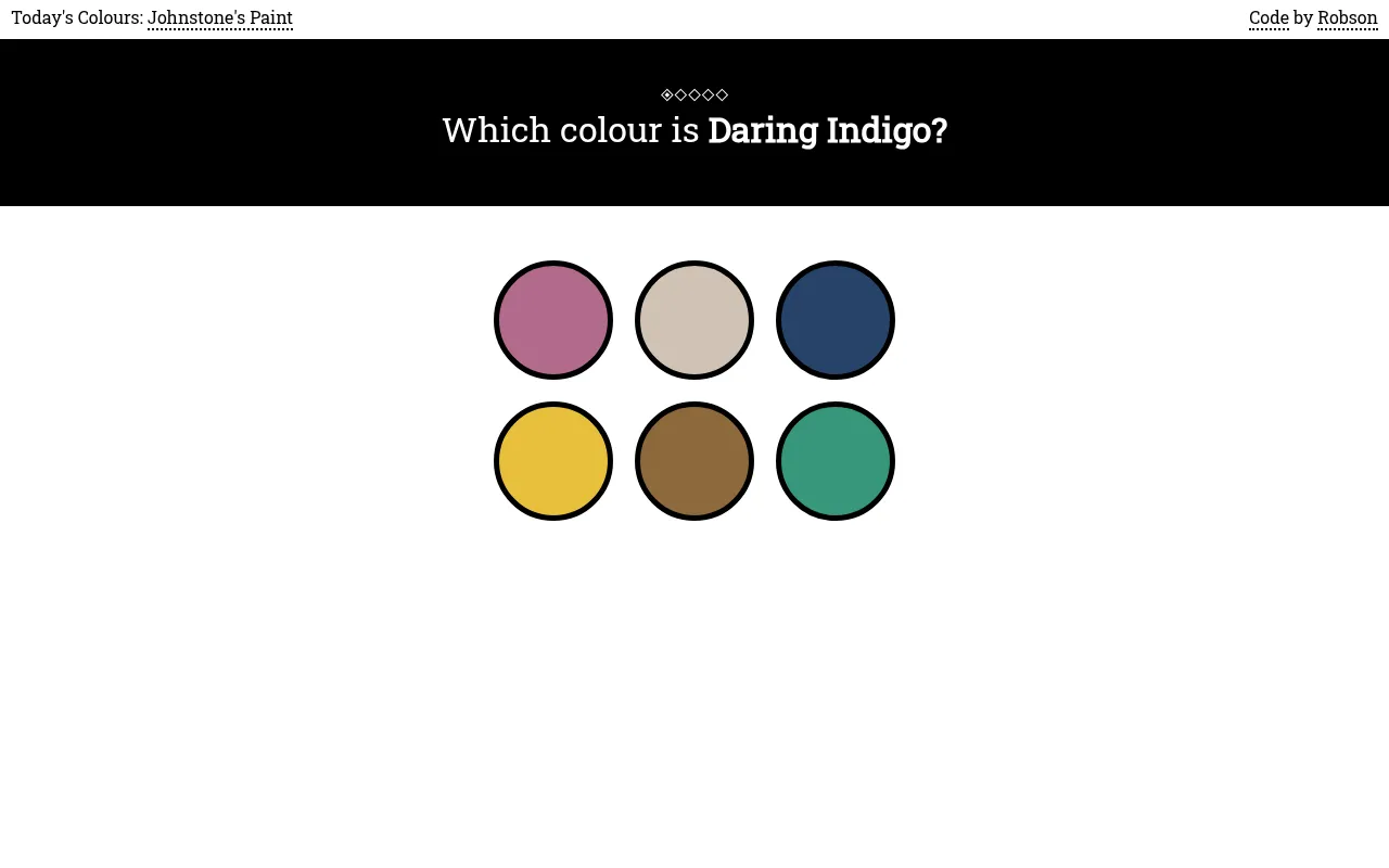 Chroma with today's colours from Johnstone's Paint: the question Which colour is Daring Indigo? above six round colour swatches