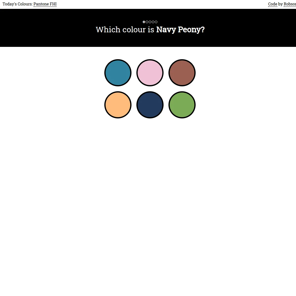 Chroma play screen: a header reading Todays Colours Pantone FHI, the question Which colour is Navy Peony, and a grid of six colour swatches to choose from, with small markers showing progress through