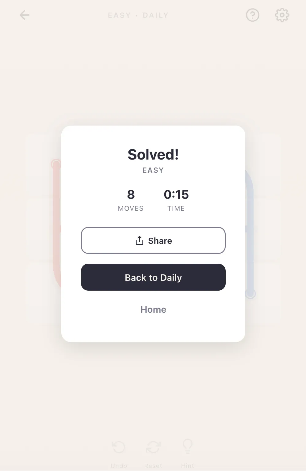 Chromaflow easy daily solved in 8 moves and 15 seconds, with Share and Back to Daily buttons