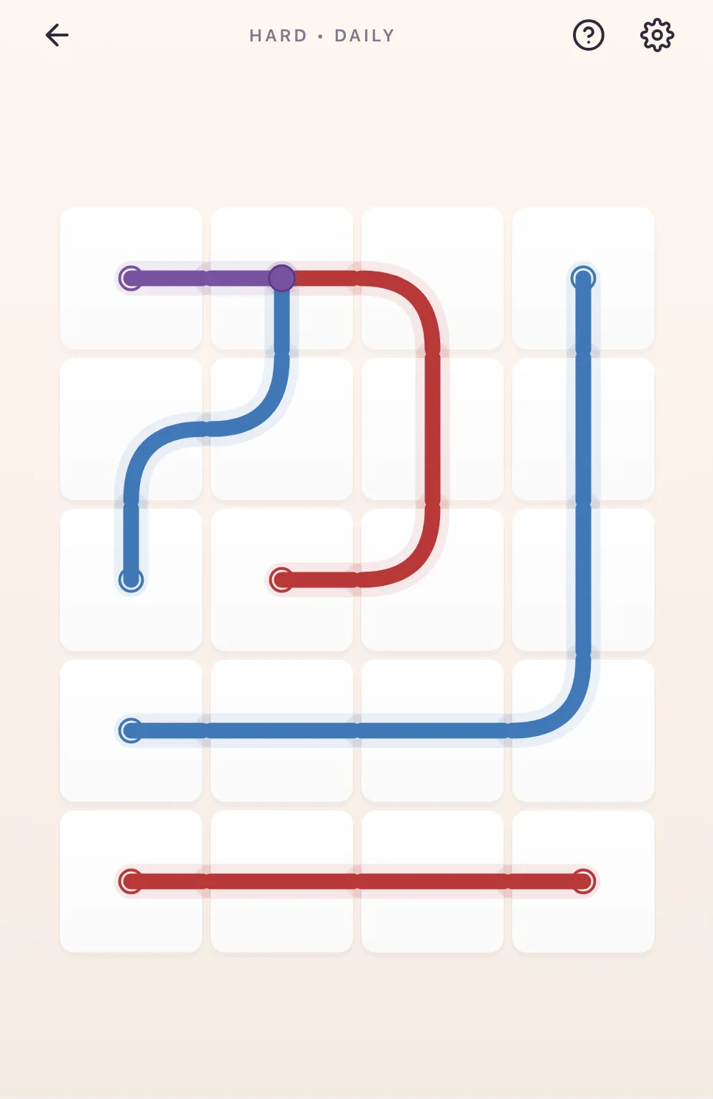 Chromaflow hard daily puzzle with blue, red and purple paths across a 4x5 grid of tiles