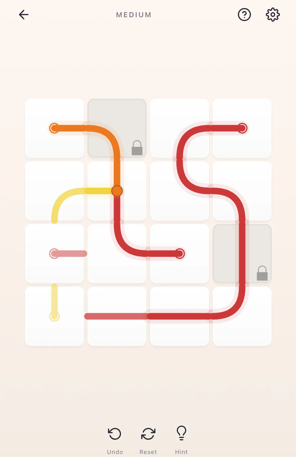 Chromaflow medium puzzle: a 4x4 grid of tiles with red, orange and yellow paths, two locked tiles and Undo, Reset and Hint buttons