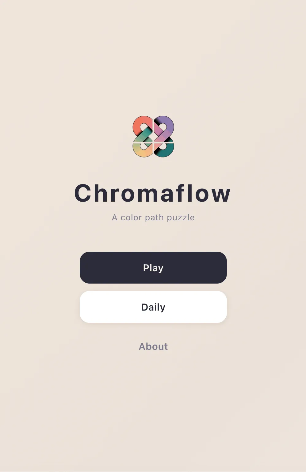 Chromaflow home screen with its interlocking colour logo and Play, Daily and About buttons