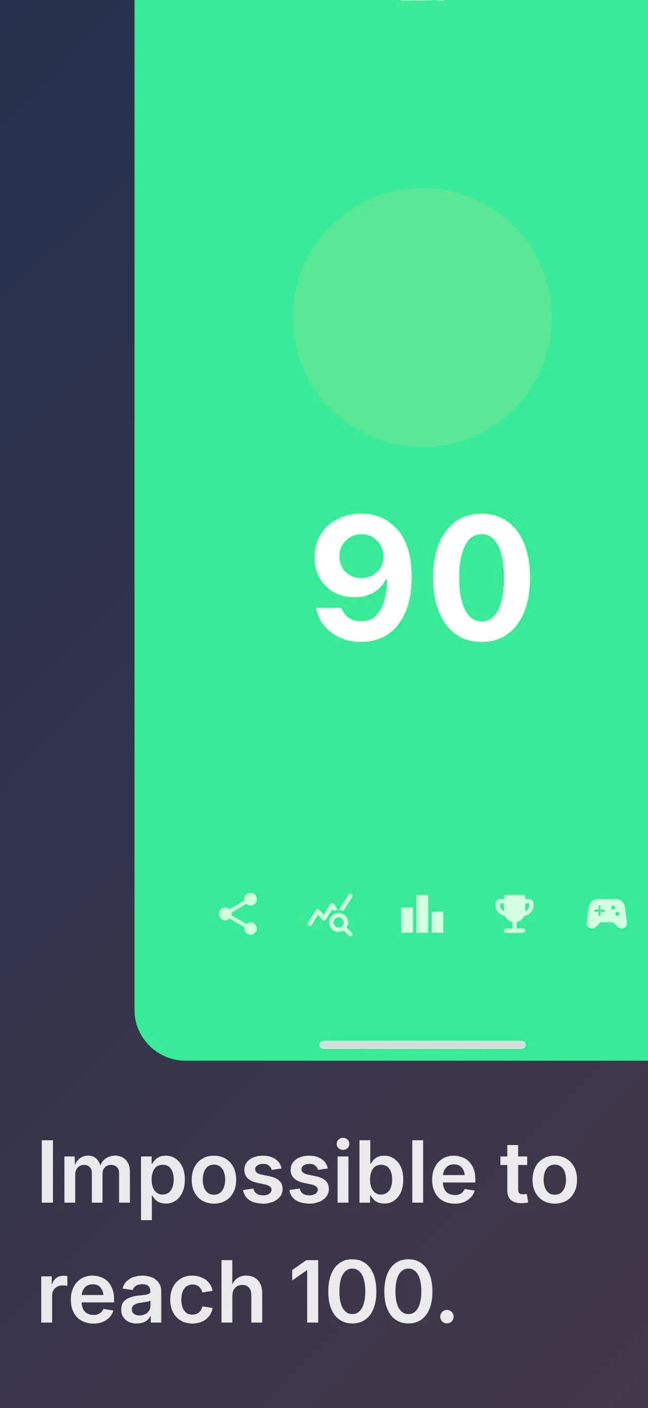 Chromatic result screen in bright green showing a score of 90, with share, stats, leaderboard and game buttons