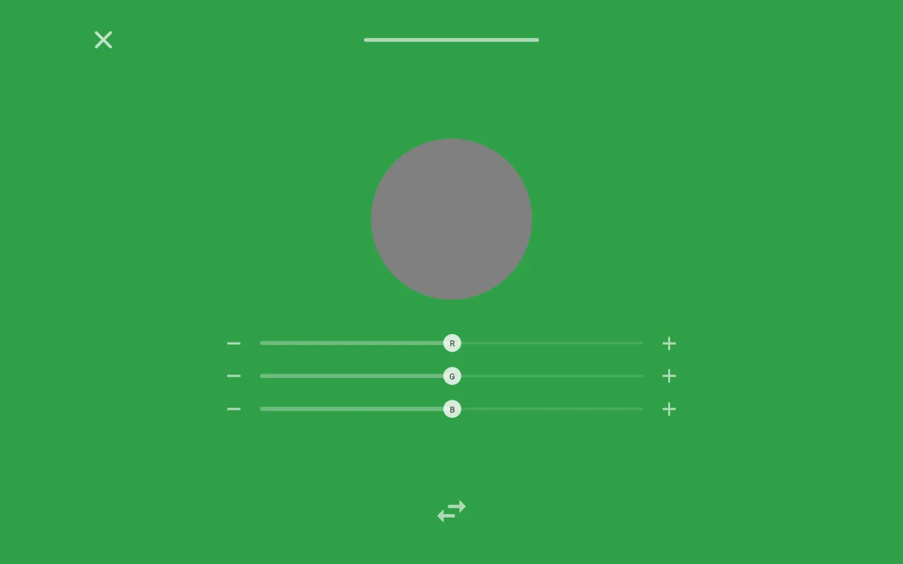 Chromatic's browser practice round: a grey circle to adjust on a green target background, with R, G and B sliders and minus and plus buttons