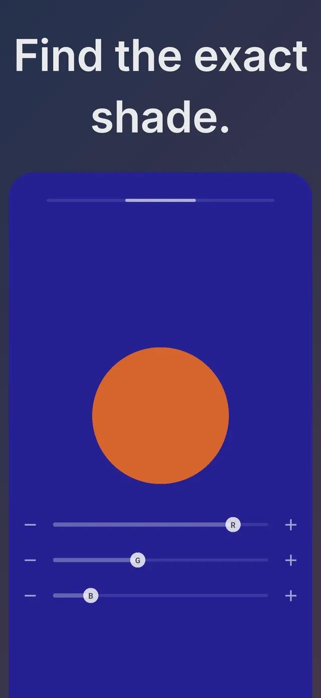 Chromatic play screen with an orange circle on a deep blue background and R, G and B sliders with minus and plus buttons