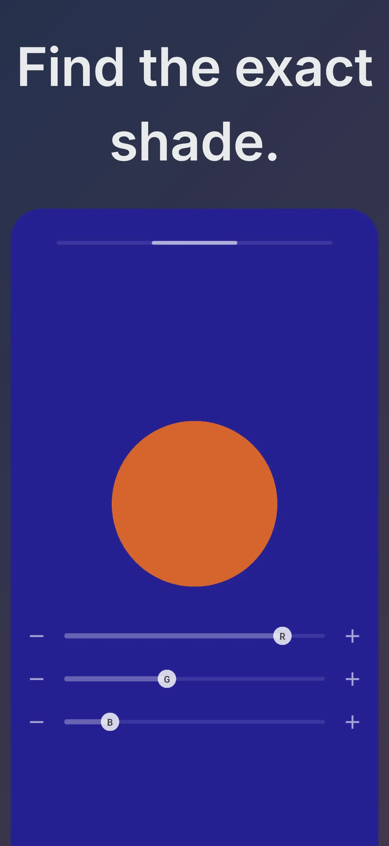 Chromatic play screen with an orange circle on a deep blue background and R, G and B sliders with minus and plus buttons