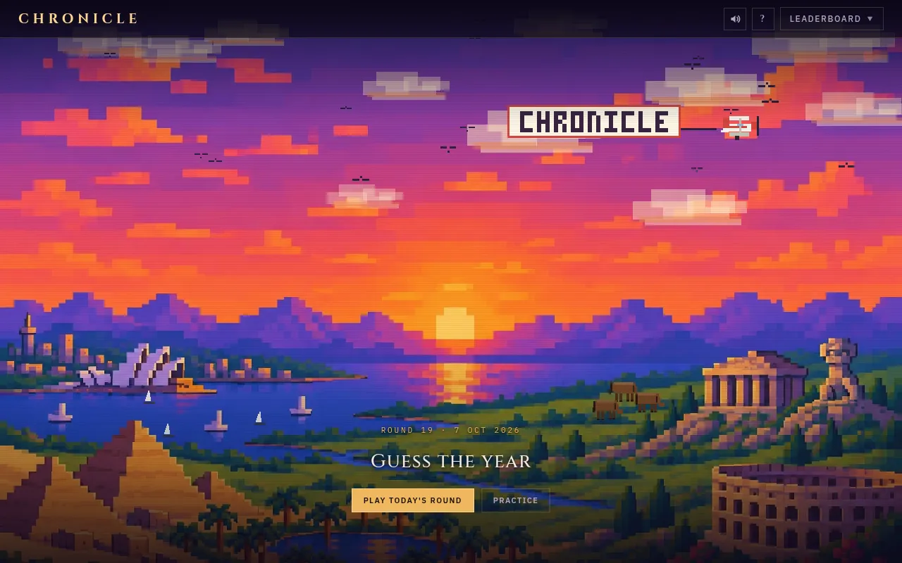 Chronicle Daily's home screen for round 19, 7 Oct 2026: a plane towing a CHRONICLE banner over a pixel-art sunset with pyramids, a temple and an opera house