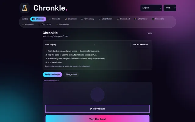 Chronkle daily challenge #276: match today's tempo in five tries, with a Play target button and a Tap the beat pad