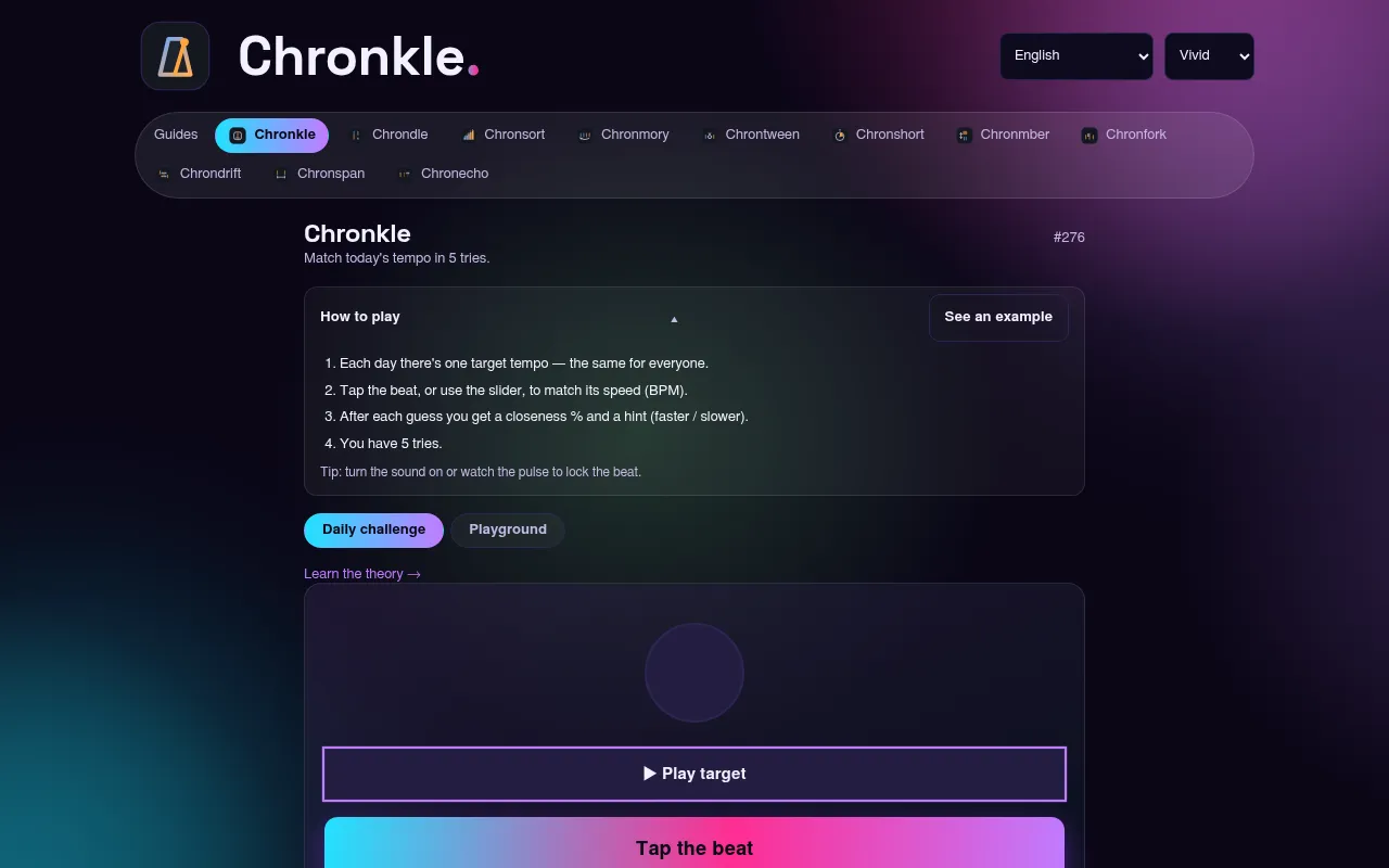 Chronkle daily challenge #276: match today's tempo in five tries, with a Play target button and a Tap the beat pad