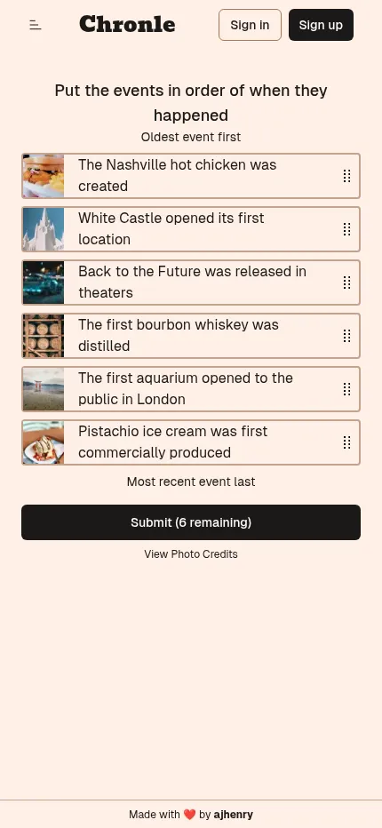 The same Chronle puzzle at phone size: six event cards with drag handles and the Submit button below