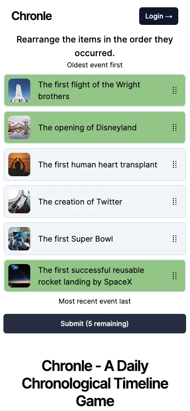A Chronle puzzle with six events, three of them in the correct position