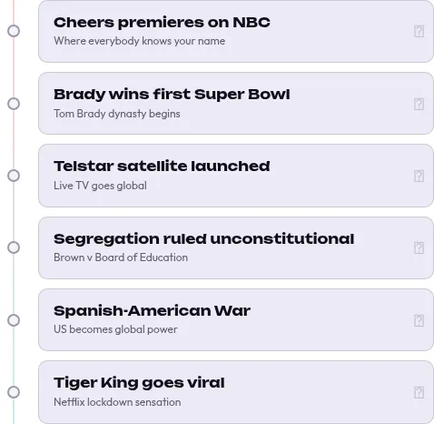 Chrono Trivia's Daily Mix for 7 October 2026: six event cards on a timeline to put in order, from Cheers premieres on NBC to Tiger King goes viral