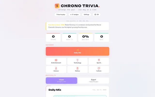 The Chrono Trivia home screen: a countdown to new puzzles, a From the archives note, streak and win-rate counters, the Daily Mix and six category buttons, Classic and Expert difficulty, and the Daily