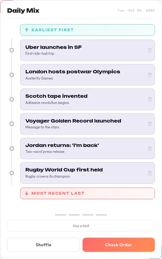 Chrono Trivia's Daily Mix board for 20 October 2026: six event cards between Earliest First and Most Recent Last, from Uber launches in SF to Rugby World Cup first held