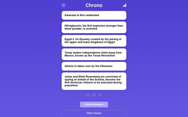 Chrono's board for 26 October 2026: six undated event cards, from Kwanzaa's first celebration to Egypt's 1st Dynasty, above three try dots and the Check Answers button