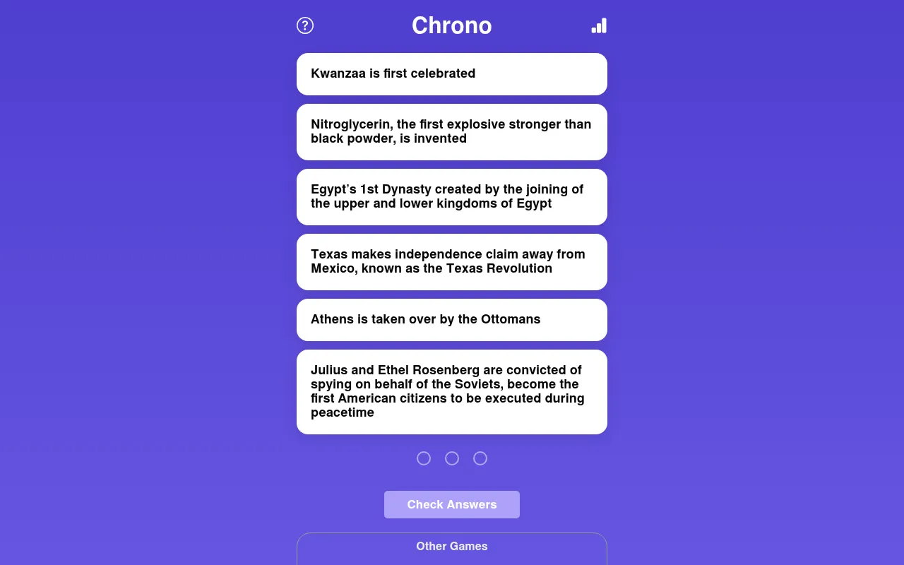 Chrono's board for 26 October 2026: six undated event cards, from Kwanzaa's first celebration to Egypt's 1st Dynasty, above three try dots and the Check Answers button