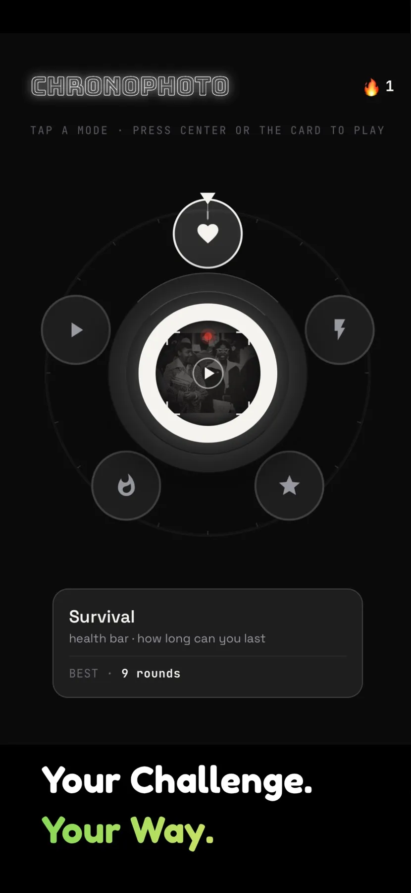 The Chronophoto app's mode wheel with Survival selected