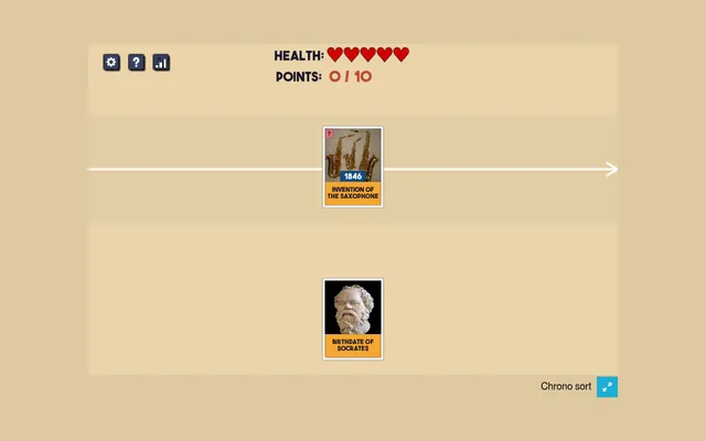 Today's Chronosort daily board: five hearts, 0 of 10 points, the invention of the saxophone (1846) on the timeline and a card for the birth of Socrates waiting to be placed