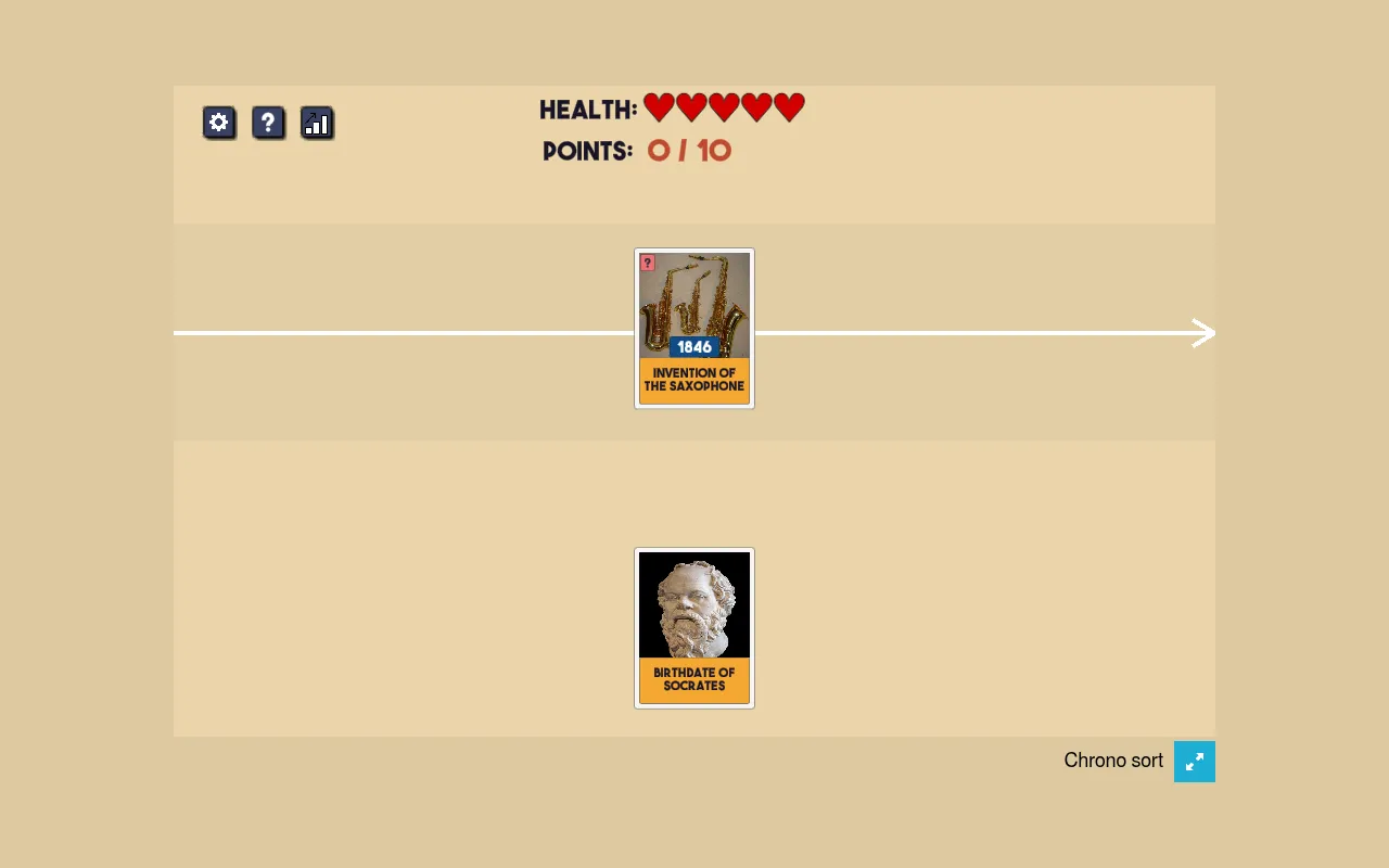 Today's Chronosort daily board: five hearts, 0 of 10 points, the invention of the saxophone (1846) on the timeline and a card for the birth of Socrates waiting to be placed