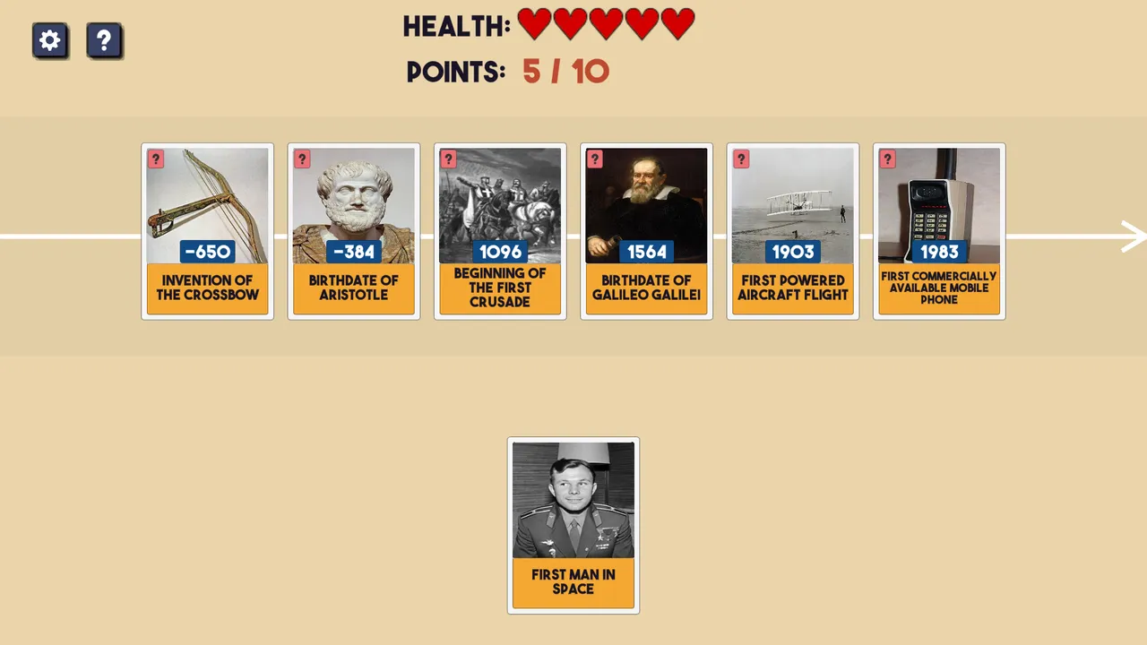 A Chronosort timeline of six dated cards, from the crossbow to the mobile phone, with a card for the first man in space waiting to be placed