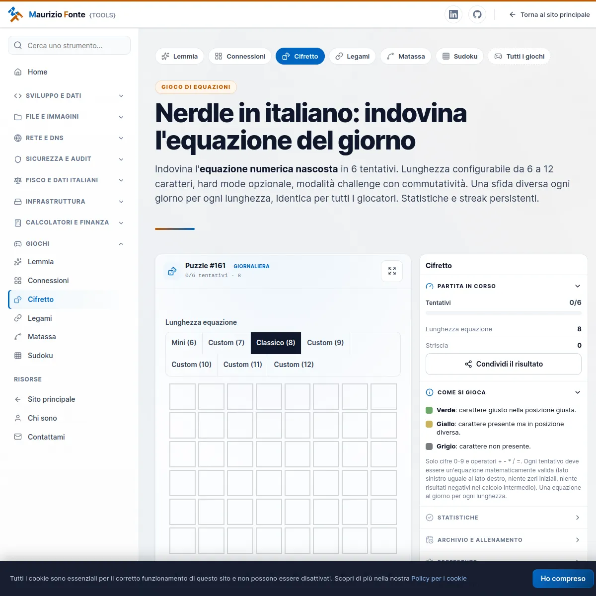 Cifretto Puzzle #161 with an empty eight-column grid, length selector from Mini (6) to Custom (12) and the rules panel in Italian