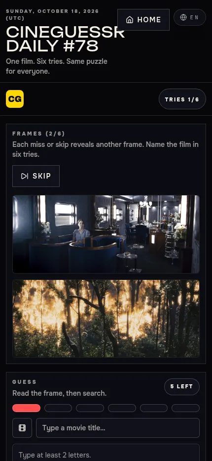 CineGuessr Daily #78 at phone size after one skip: two frames shown, a train carriage and a forest on fire, with five tries left