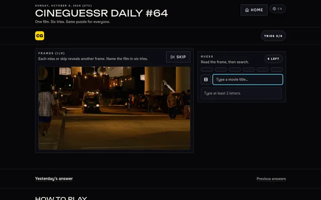 CineGuessr Daily #64: the first of six film frames, a night street scene, beside the guess box with six tries left