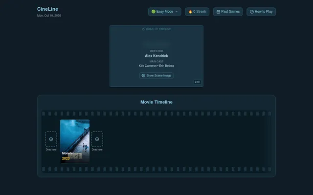 Today's CineLine board on desktop: a card with director Alex Kendrick and its cast above the movie timeline, where Monster (2023) sits between two Drop here slots