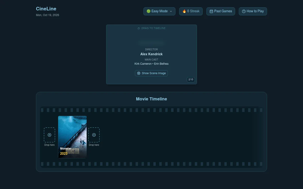 Today's CineLine board on desktop: a card with director Alex Kendrick and its cast above the movie timeline, where Monster (2023) sits between two Drop here slots