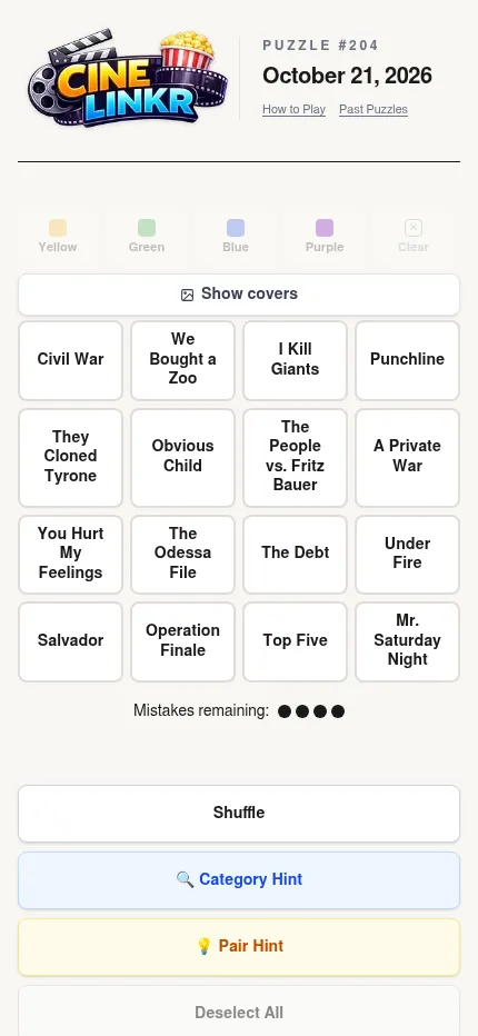 CineLinkr puzzle #204 at phone size: the four-by-four grid of film titles with the Shuffle, Category Hint and Pair Hint buttons below