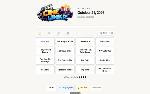 CineLinkr puzzle #204 for October 21, 2026: sixteen film titles such as Civil War, The Odessa File and Top Five to sort into four groups, four mistakes remaining
