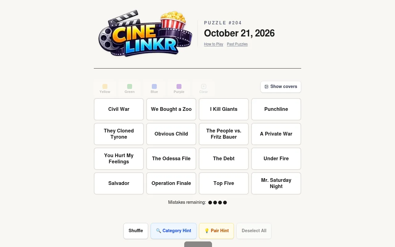 CineLinkr puzzle #204 for October 21, 2026: sixteen film titles such as Civil War, The Odessa File and Top Five to sort into four groups, four mistakes remaining