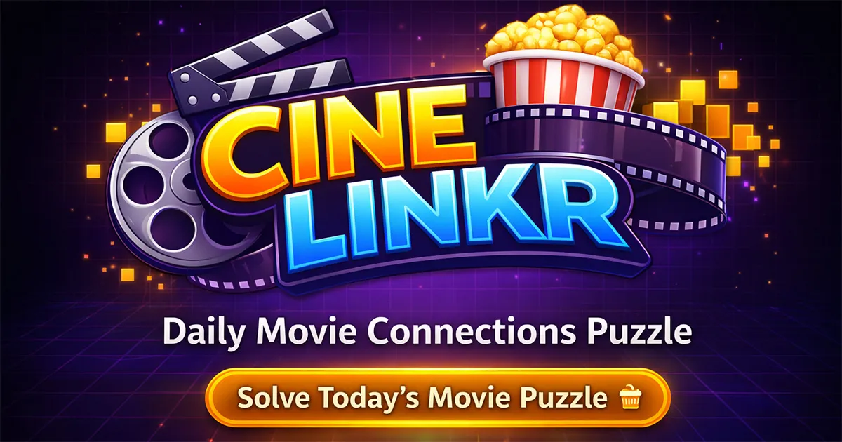 CineLinkr logo with film reel and popcorn: daily movie connections puzzle