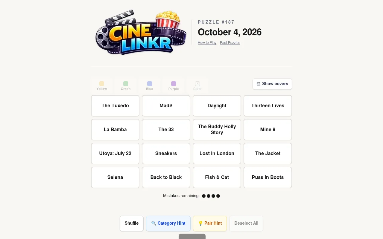 CineLinkr puzzle #187 for October 4, 2026: sixteen film titles such as The Tuxedo, La Bamba and Back to Black to sort into four groups, with four mistakes remaining