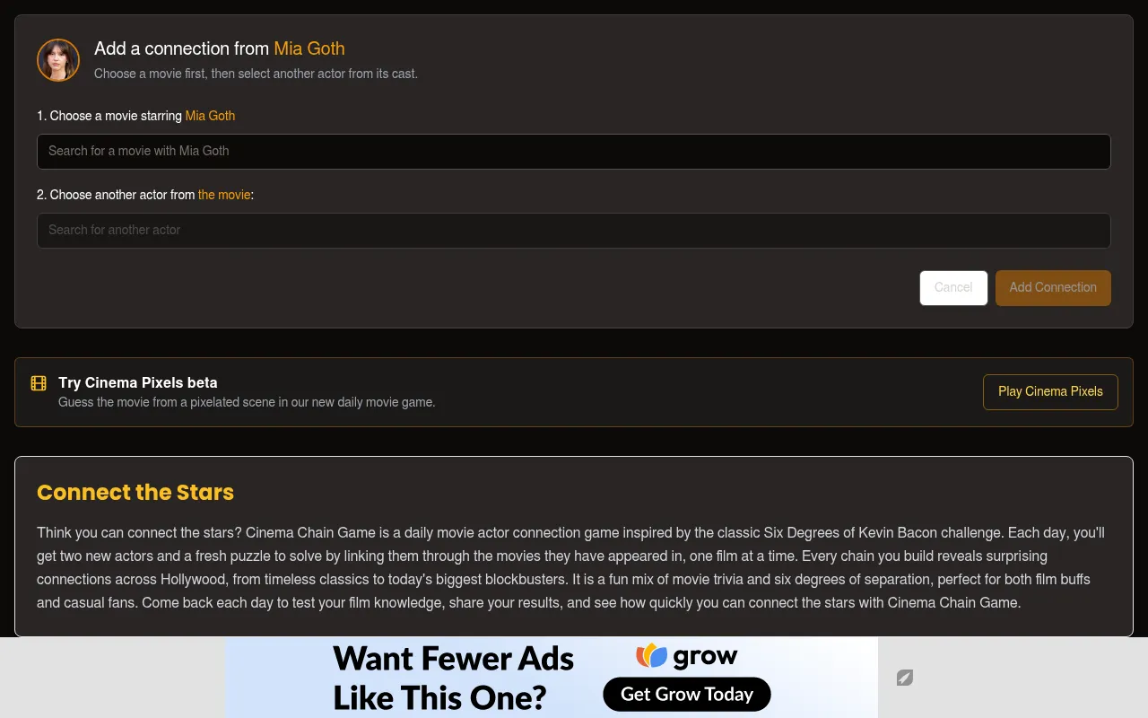Adding a link in Cinema Chain Game: search boxes to choose a movie starring Mia Goth and then another actor from that movie, with an Add Connection button