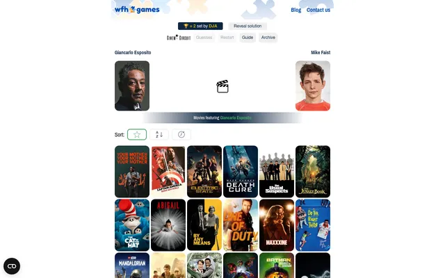 Cinema Circuit board for 19 October 2026: link Giancarlo Esposito to Mike Faist, with a grid of Esposito's film posters to choose from