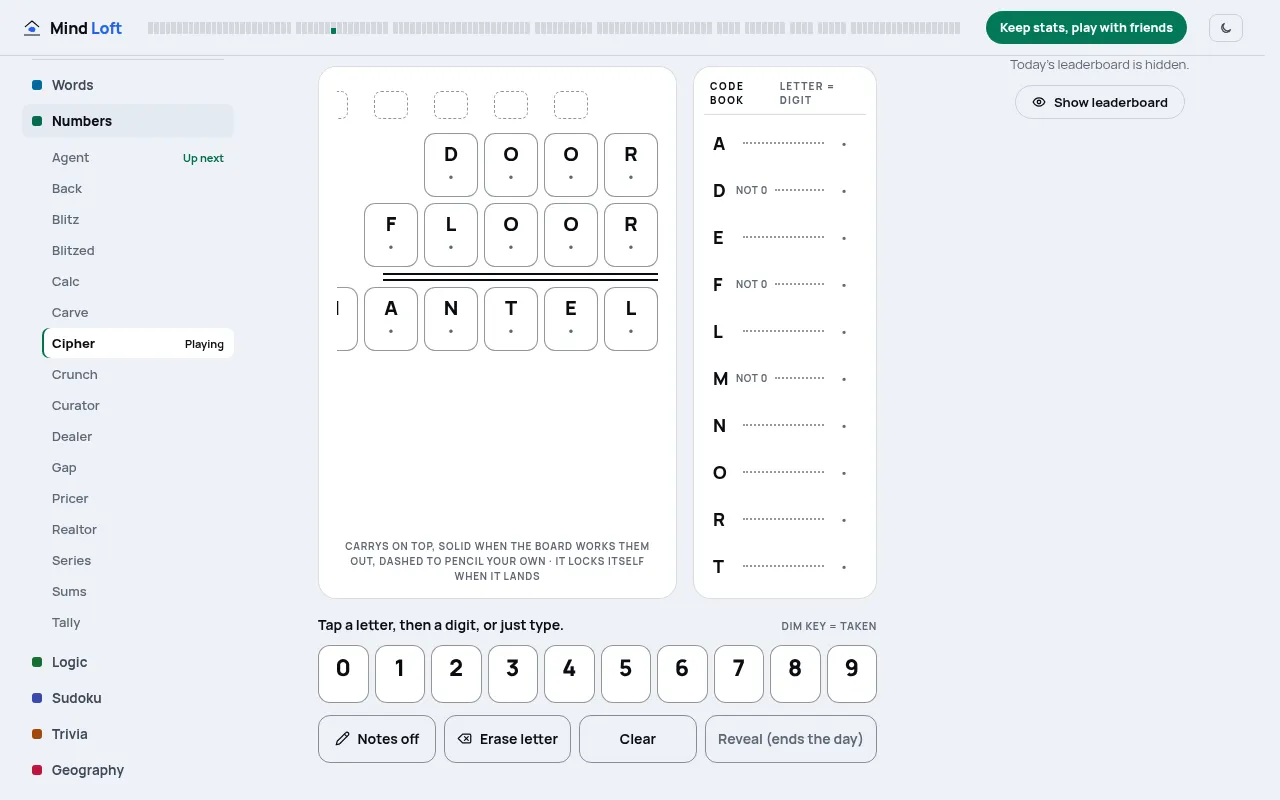 Cipher on a desktop, 19 October 2026: DOOR + FLOOR = MANTEL beside the code book listing each letter, with the digit pad, Notes, Erase, Clear and Reveal below