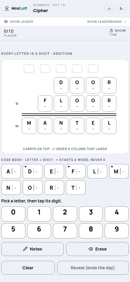 Cipher on a phone, 19 October 2026: the day's board DOOR + FLOOR = MANTEL with empty carry boxes, the letter code book and the digit pad