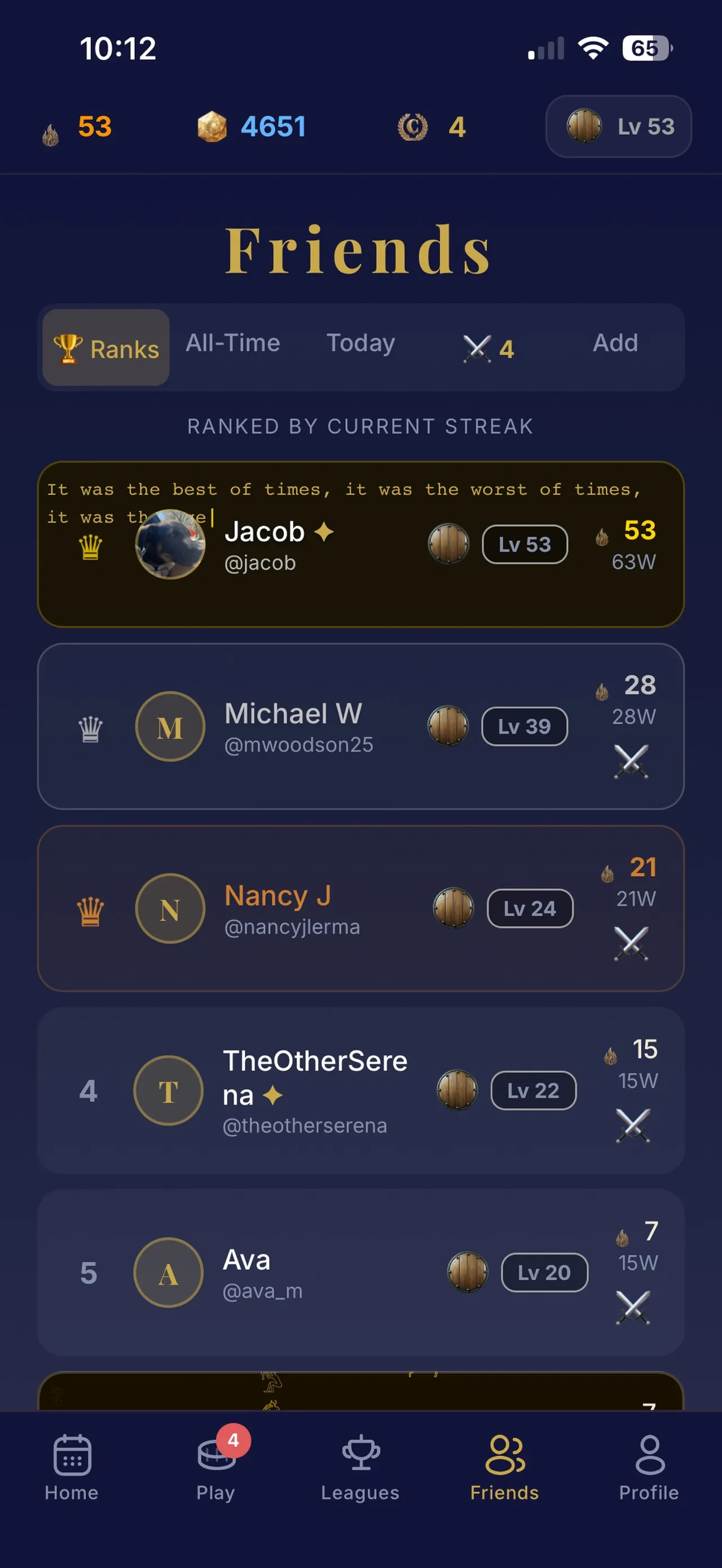 Circa's Friends screen (App Store screenshot): a leaderboard of five friends ranked by current streak, with levels, wins and challenge buttons.