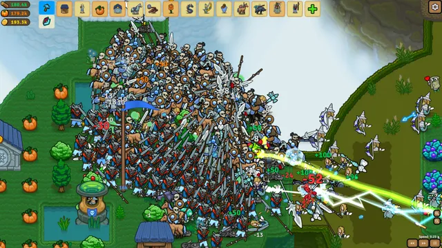 A large Circle Empires 2 battle with skeleton and bat armies clashing between grassy circles