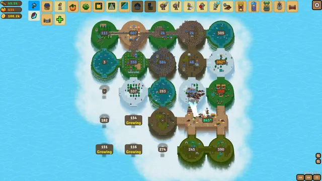 A Circle Empires 2 map of linked round regions in grass, snow, sand and water, with army counts on each circle and the build bar along the top