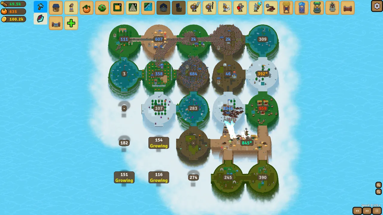 A Circle Empires 2 map of linked round regions in grass, snow, sand and water, with army counts on each circle and the build bar along the top