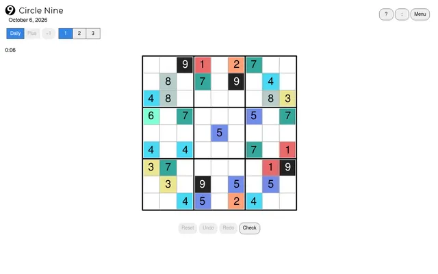 Circle Nine daily puzzle for October 6, 2026: a 9 by 9 grid of digits with some cells shaded in colours, Daily, Plus and level 1 to 3 buttons above and Reset, Undo, Redo and Check below